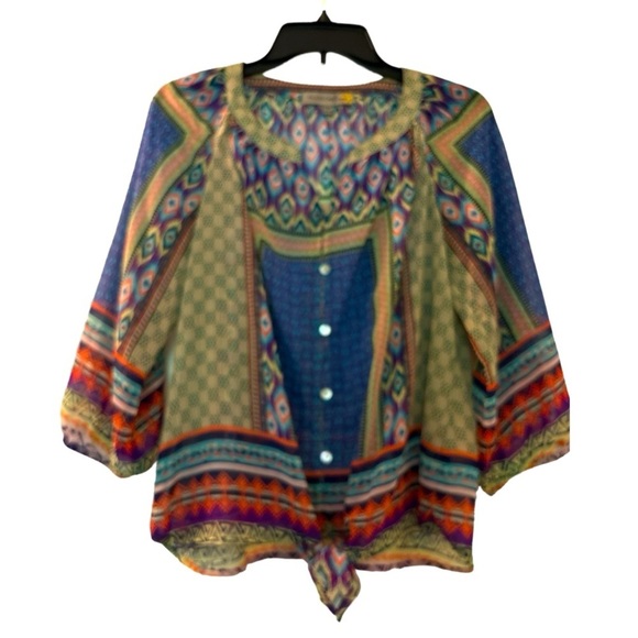 Figueroa +Flowers boho top , multicolored geometrics, full sleeves, buttons - Picture 1 of 6